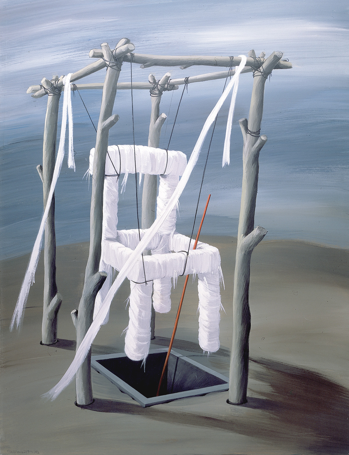 Stuhl haengend II, 1982,  Acryl auf Leinwand, 110x87cm